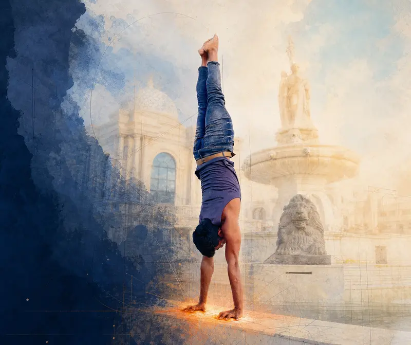 A layered editorial image of Manoj moving from deep navy into warm open light while holding a handstand.