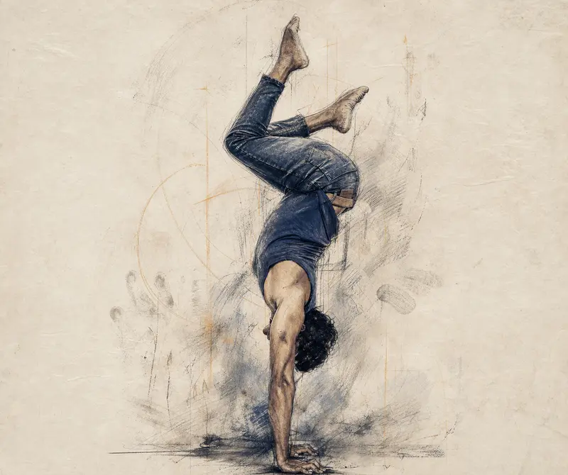 A charcoal and ink study of Manoj emerging from rough construction marks into a precise handstand.