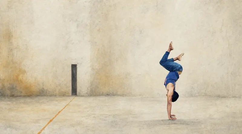 A stylized image of Manoj in a handstand facing a distant doorway connected by a saffron line.